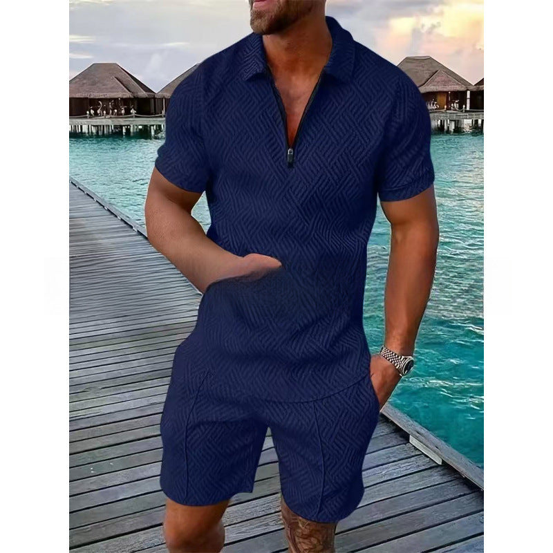 Men's Zipper Polo Shirt and Shorts Set
