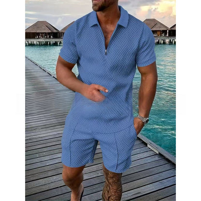 Men's Zipper Polo Shirt and Shorts Set