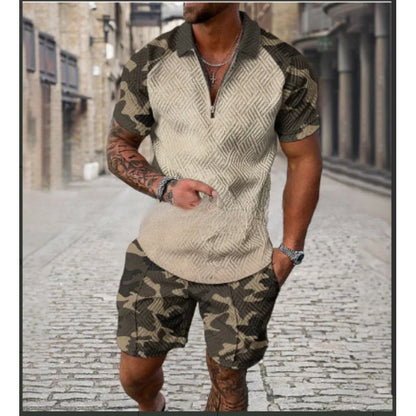 Men's Zipper Polo Shirt and Shorts Set