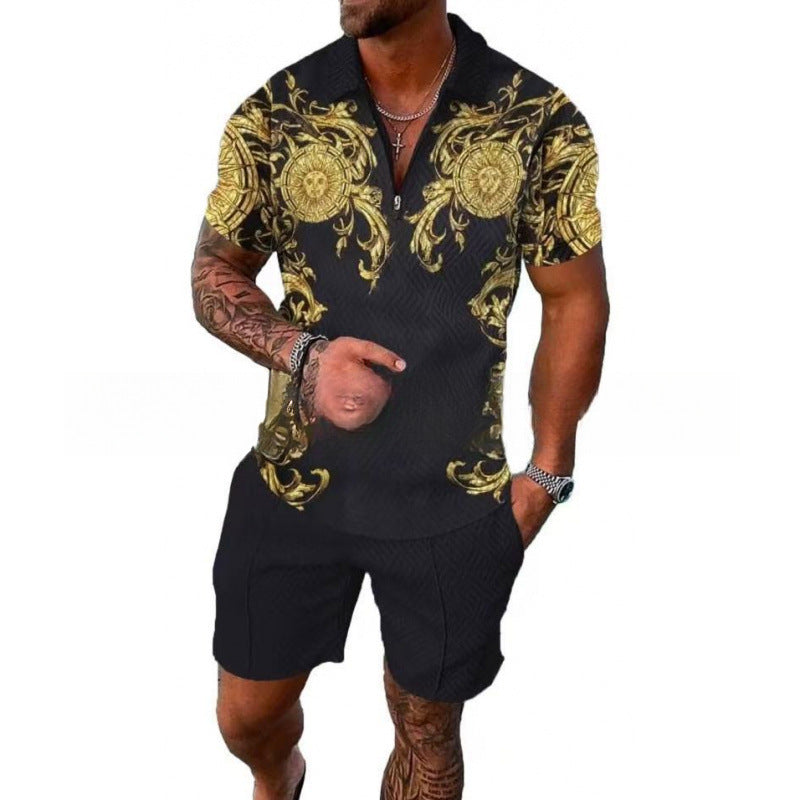 Men's Zipper Polo Shirt and Shorts Set