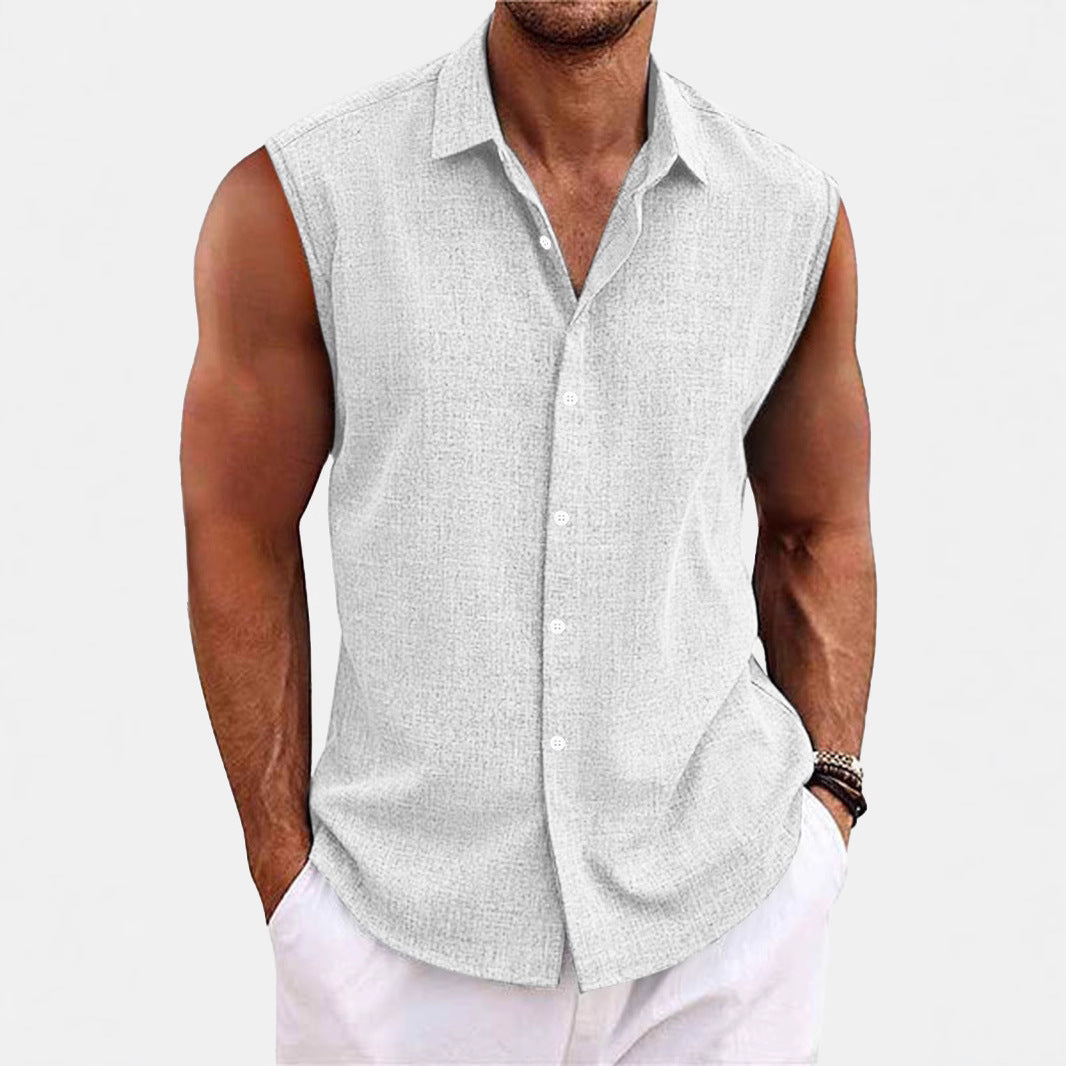 Men Sleeveless Hawaiian Linen Vest Shirt