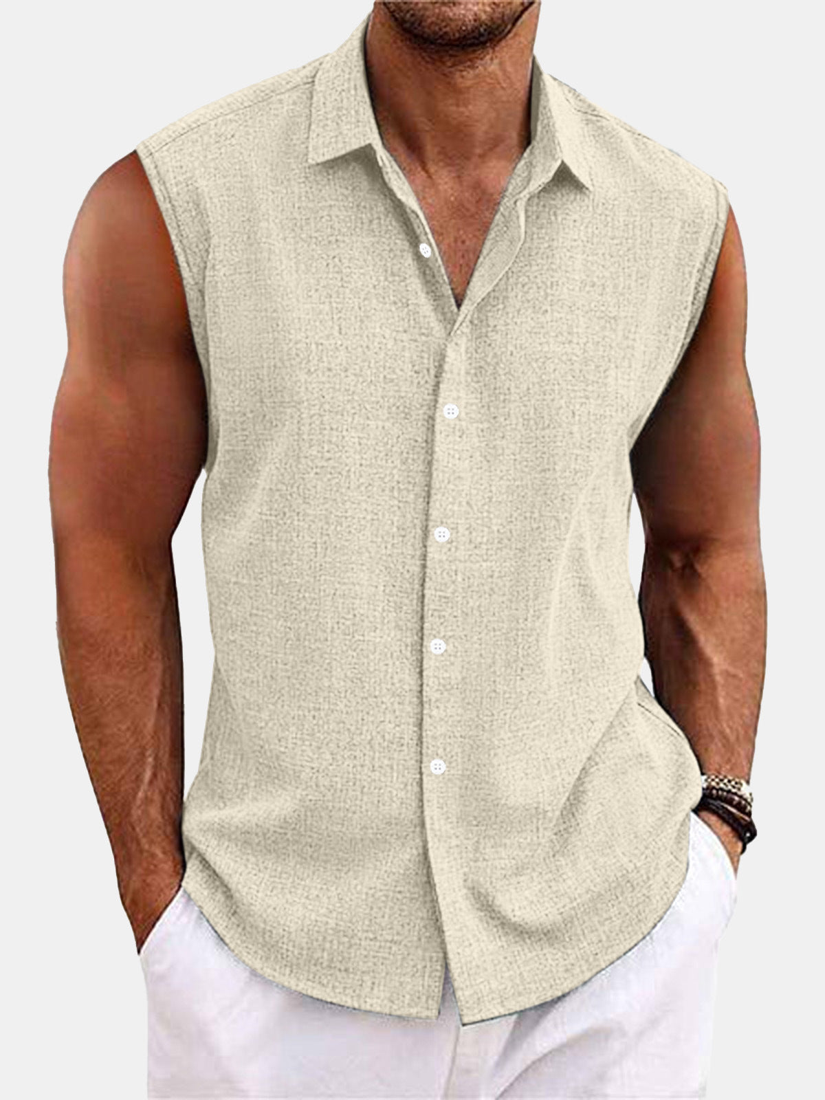 Men Sleeveless Hawaiian Linen Vest Shirt