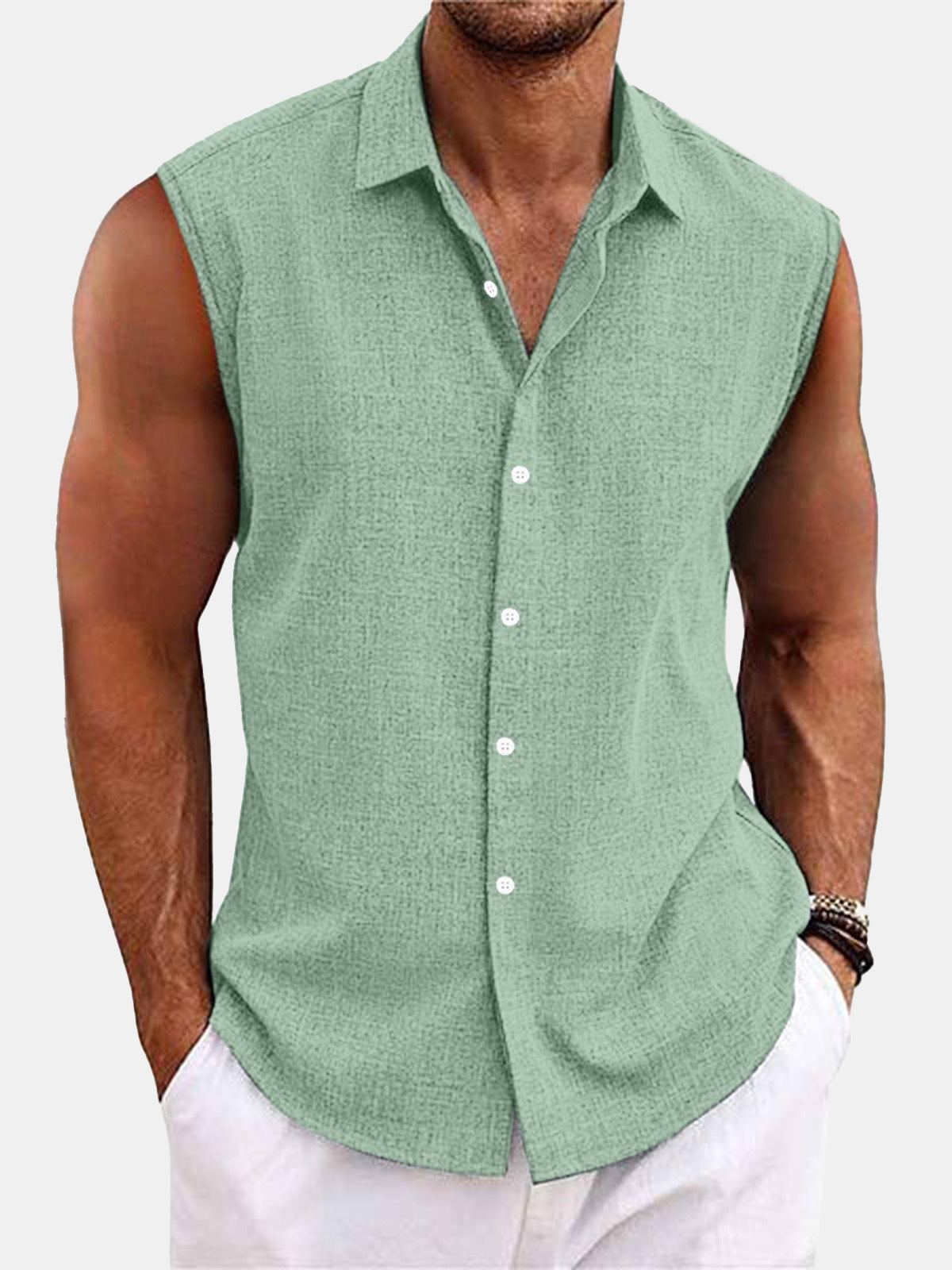 Men Sleeveless Hawaiian Linen Vest Shirt
