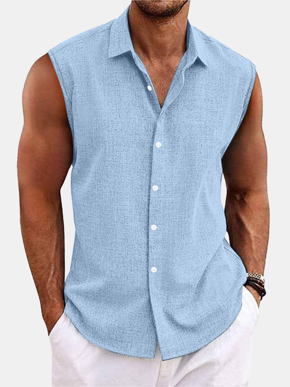 Men Sleeveless Hawaiian Linen Vest Shirt