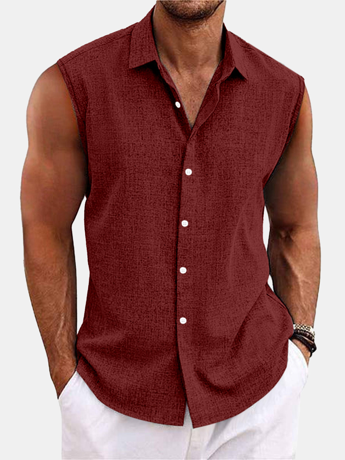 Men Sleeveless Hawaiian Linen Vest Shirt