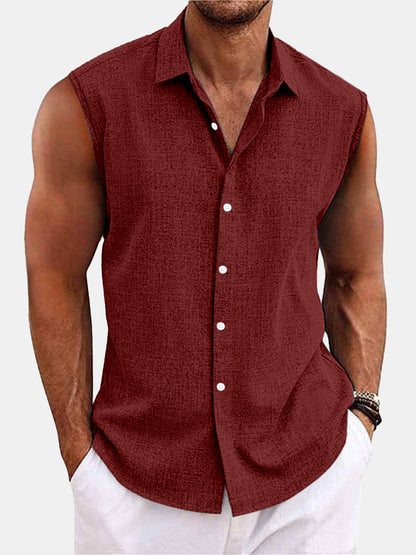 Men Sleeveless Hawaiian Linen Vest Shirt