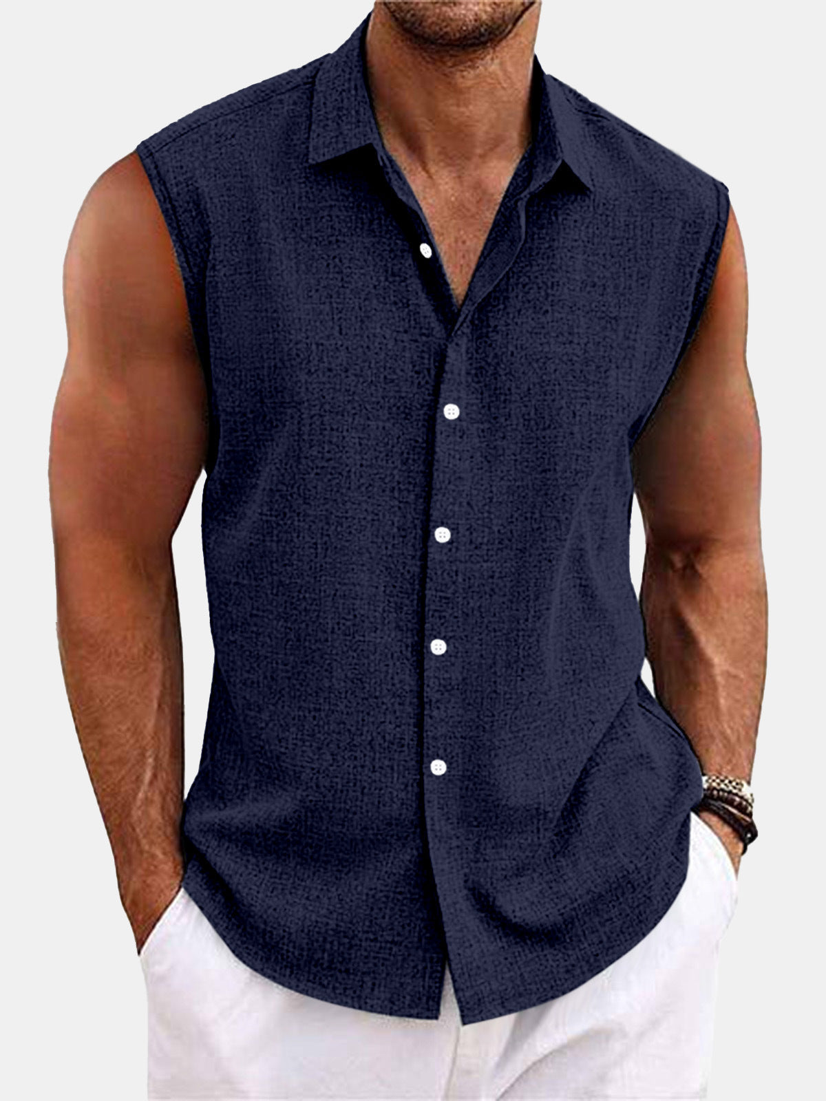Men Sleeveless Hawaiian Linen Vest Shirt