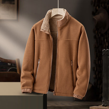 Men Stand Collar Fleece Jacket Thickened Polar Fleece Casual Loose Fit Zip Up Hoodie