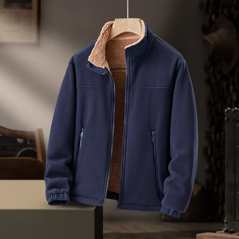 Men Stand Collar Fleece Jacket Thickened Polar Fleece Casual Loose Fit Zip Up Hoodie
