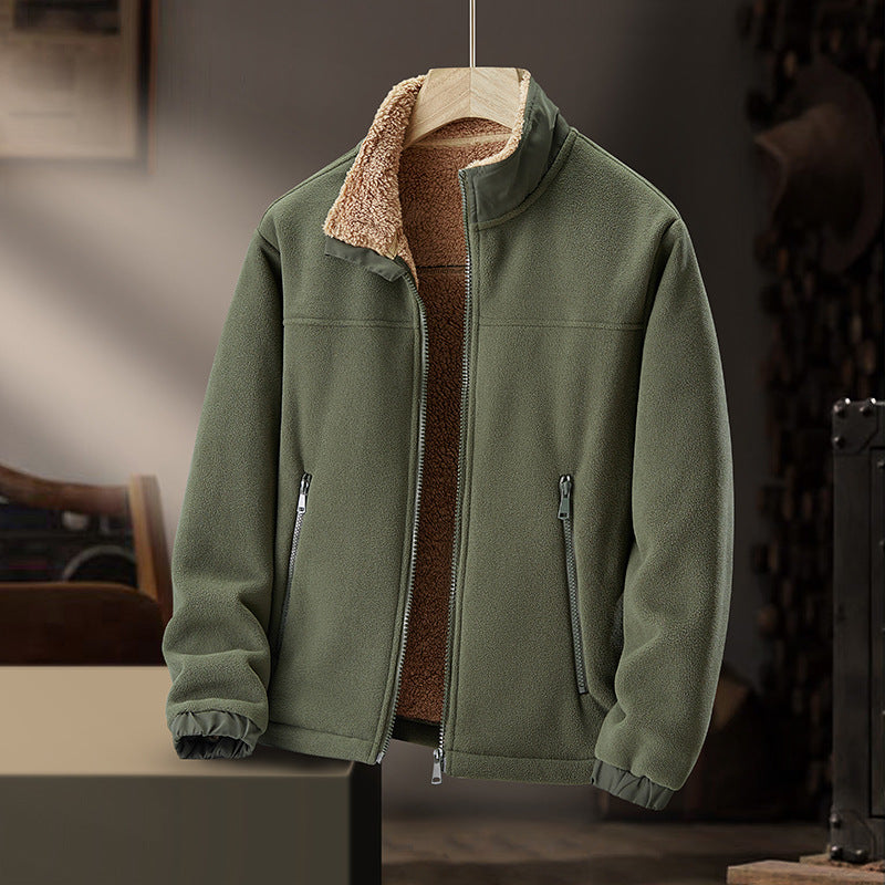 Men Stand Collar Fleece Jacket Thickened Polar Fleece Casual Loose Fit Zip Up Hoodie