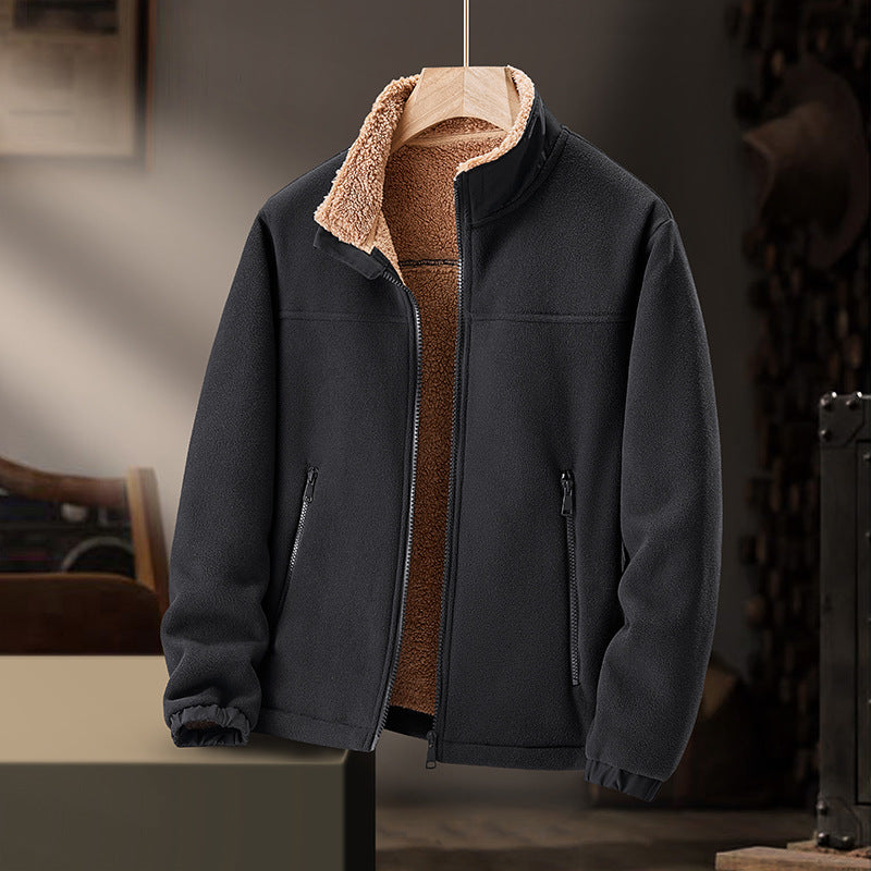 Men Stand Collar Fleece Jacket Thickened Polar Fleece Casual Loose Fit Zip Up Hoodie