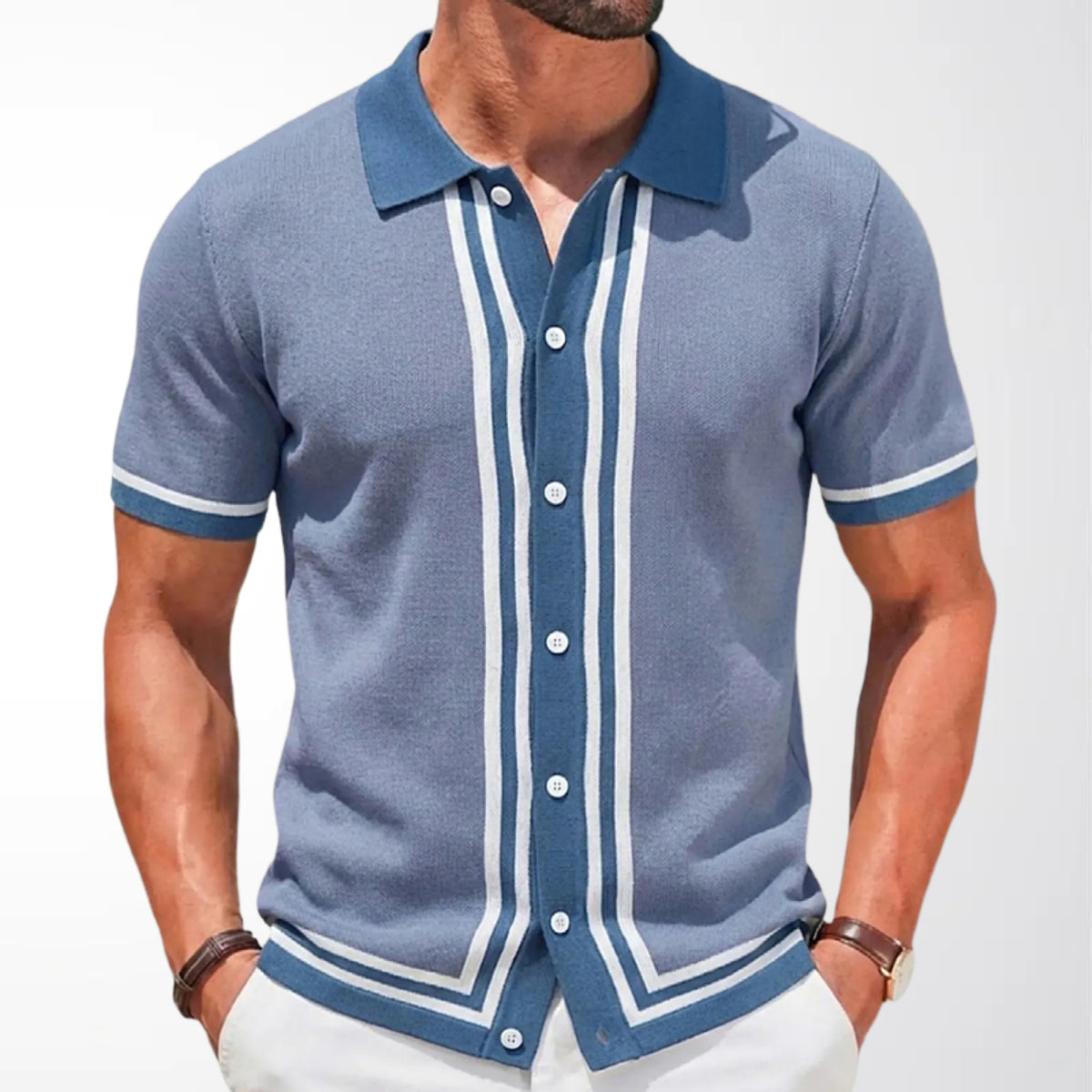 Men Summer Short Sleeve Knitted Striped Lapel Collar Business Polo Shirt