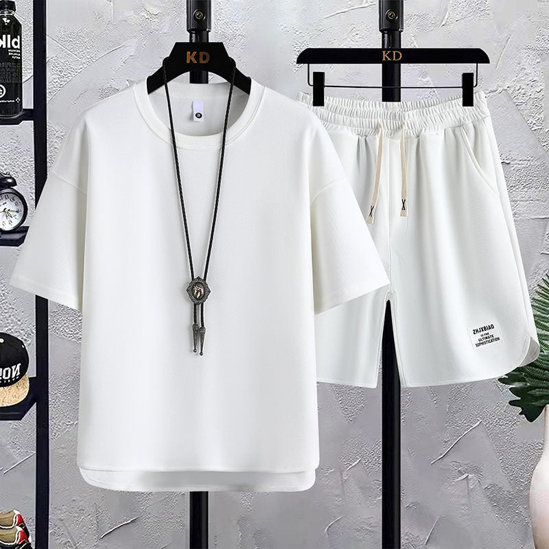 Men Waffle Knit Two-Piece Short Sleeve T-Shirt and Short