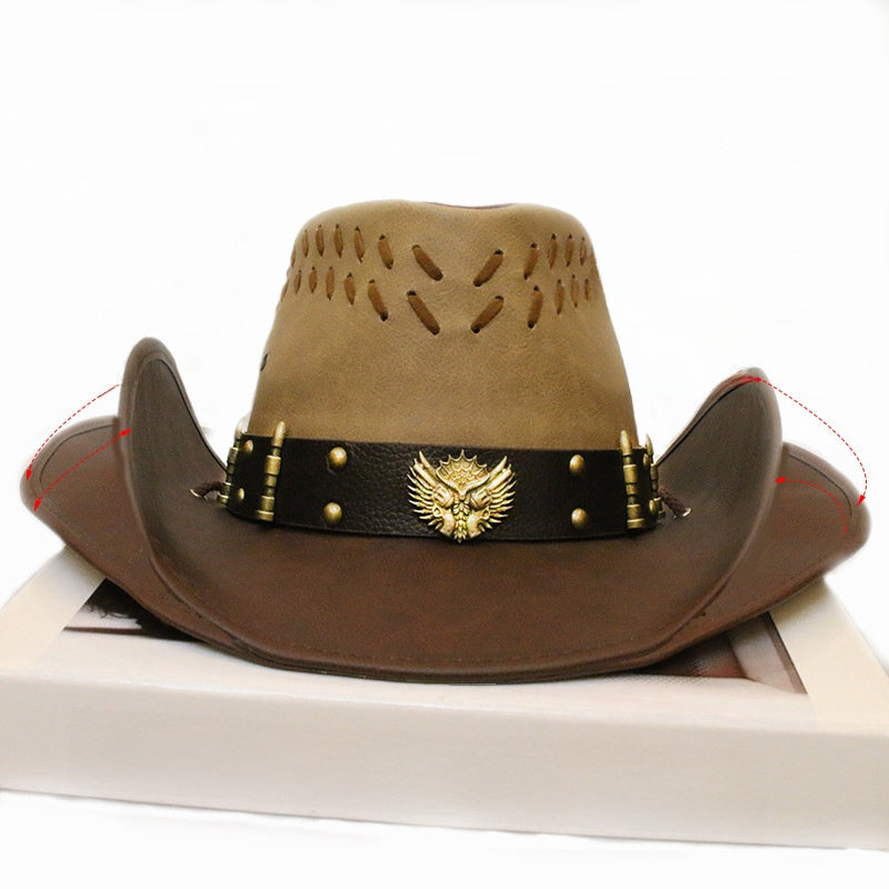 Men Women Leather Big Brim Western Cowboy Hat Outdoor Horse Riding Beach Sun Hat