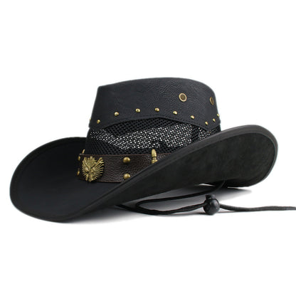 Men Women Leather Big Brim Western Cowboy Hat Outdoor Horse Riding Beach Sun Hat