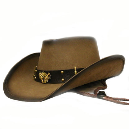 Men Women Leather Big Brim Western Cowboy Hat Outdoor Horse Riding Beach Sun Hat