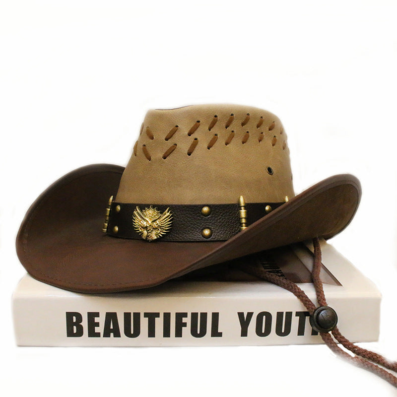 Men Women Leather Big Brim Western Cowboy Hat Outdoor Horse Riding Beach Sun Hat