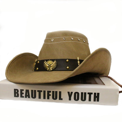 Men Women Leather Big Brim Western Cowboy Hat Outdoor Horse Riding Beach Sun Hat