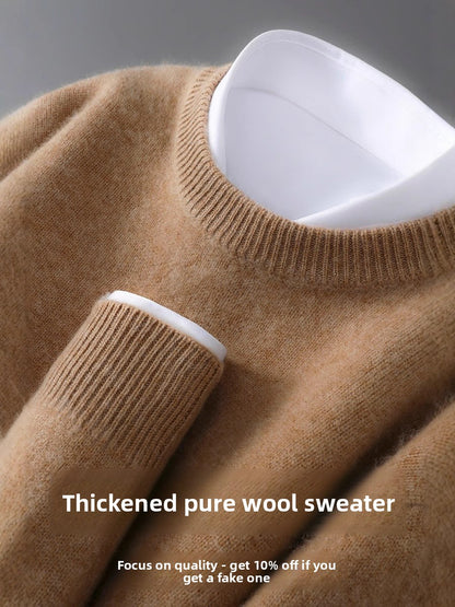 Mens 100% Pure Wool Knit Sweater Round Neck Loose Fit Warm