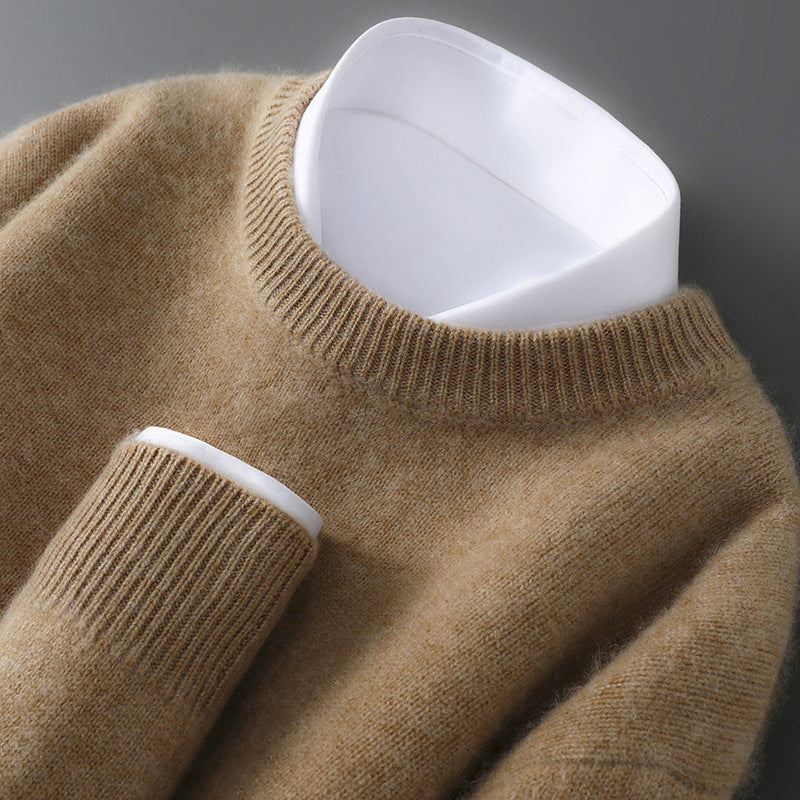 Mens 100% Pure Wool Knit Sweater Round Neck Loose Fit Warm
