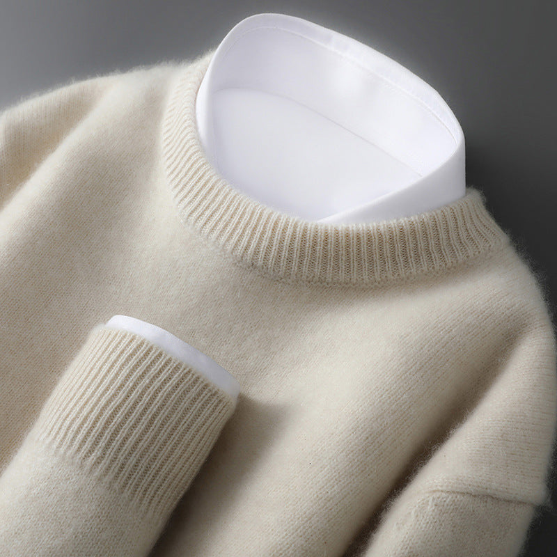 Mens 100% Pure Wool Knit Sweater Round Neck Loose Fit Warm