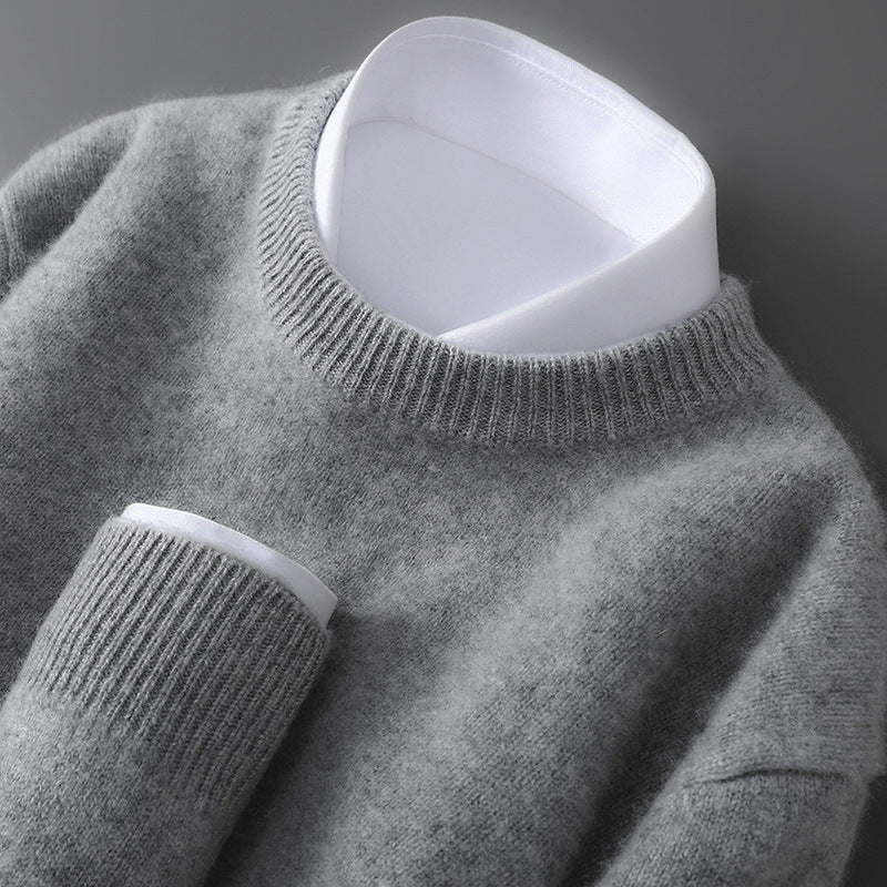 Mens 100% Pure Wool Knit Sweater Round Neck Loose Fit Warm