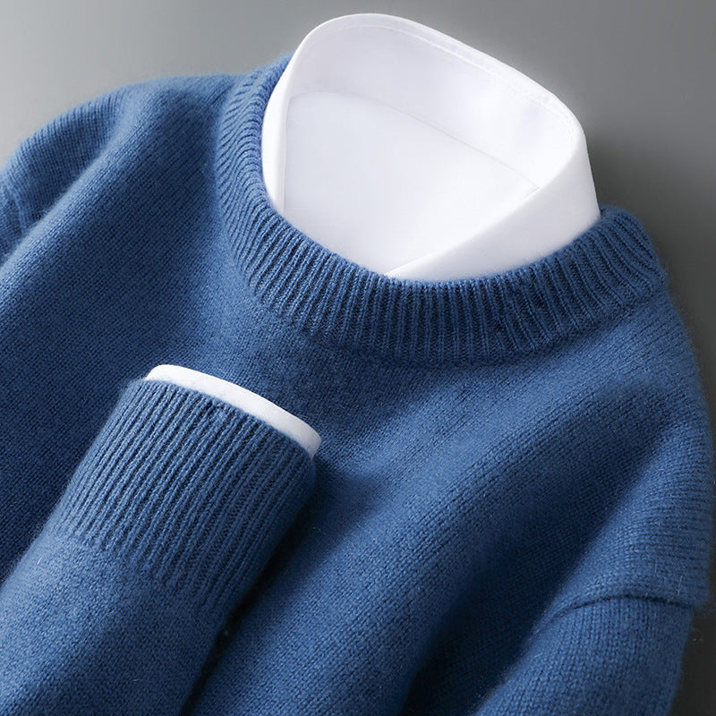 Mens 100% Pure Wool Knit Sweater Round Neck Loose Fit Warm