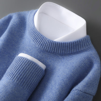 Mens 100% Pure Wool Knit Sweater Round Neck Loose Fit Warm
