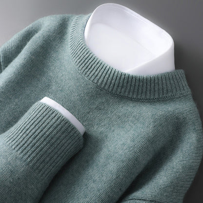 Mens 100% Pure Wool Knit Sweater Round Neck Loose Fit Warm