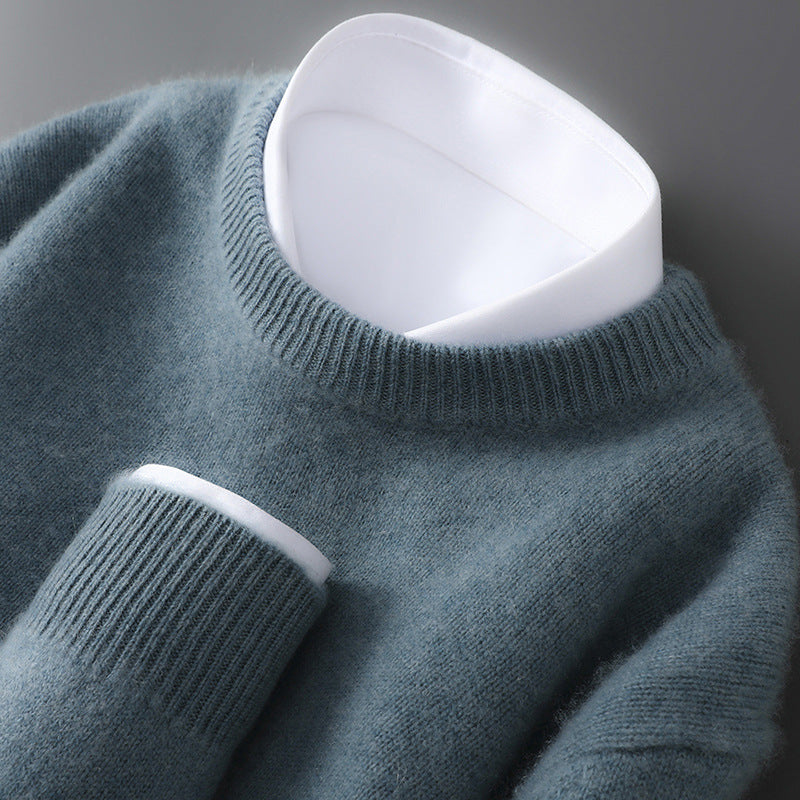 Mens 100% Pure Wool Knit Sweater Round Neck Loose Fit Warm