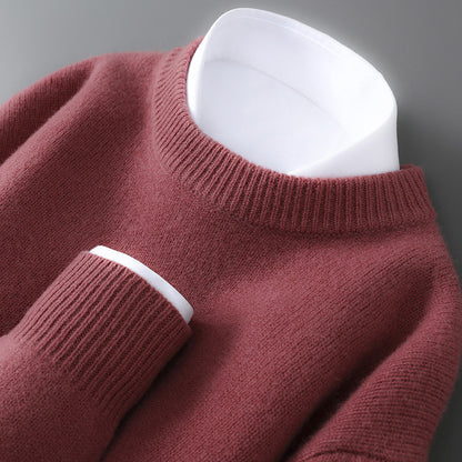Mens 100% Pure Wool Knit Sweater Round Neck Loose Fit Warm