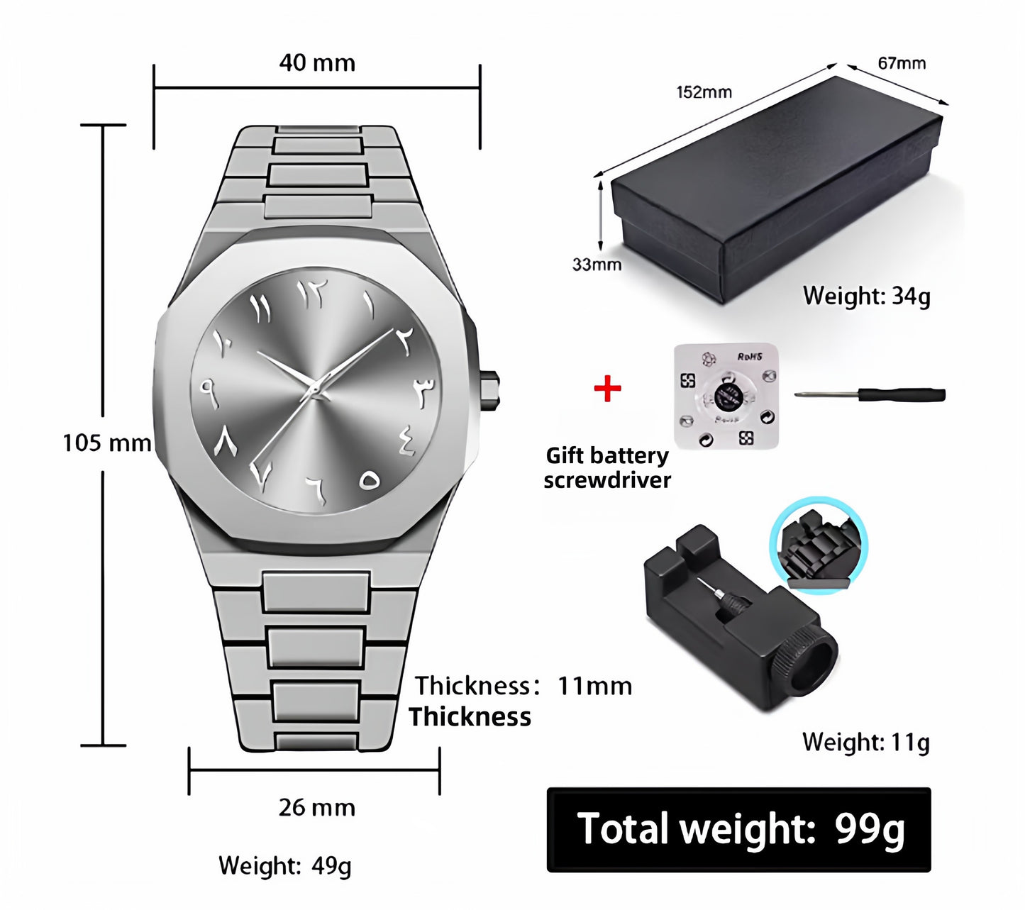 Mens Black Quartz Watch Waterproof Silent