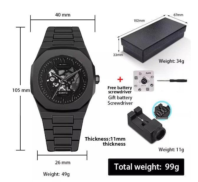 Mens Black Quartz Watch Waterproof Silent
