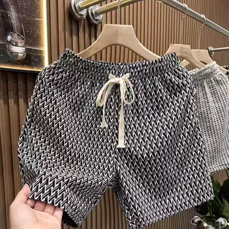 Mens Casual Houndstooth Shorts with Tie Waist