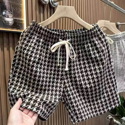 Mens Casual Houndstooth Shorts with Tie Waist
