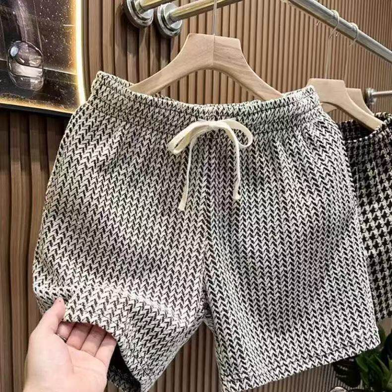 Mens Casual Houndstooth Shorts with Tie Waist
