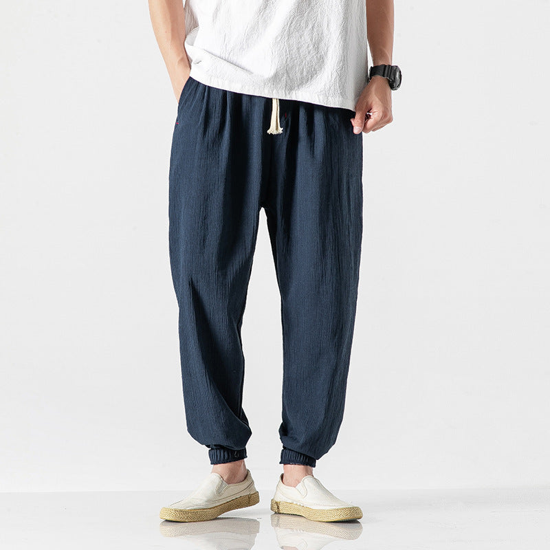 Mens Casual Linen Drawstring Ankle Pants