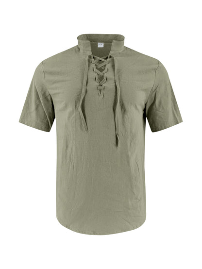 Mens Casual Linen Stand Collar Short Sleeve Shirt