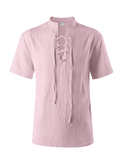 Mens Casual Linen Stand Collar Short Sleeve Shirt