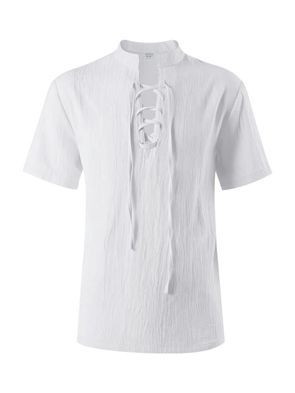 Mens Casual Linen Stand Collar Short Sleeve Shirt