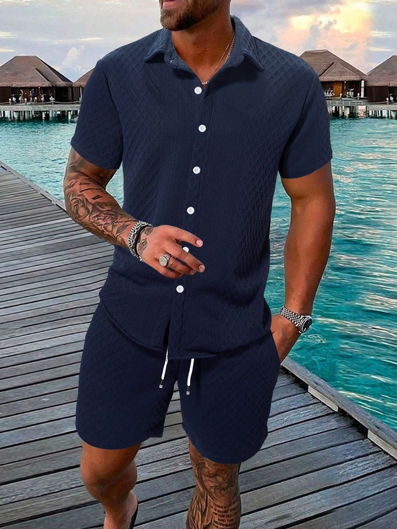 Mens Casual Short Sleeve Shirt and Shorts Set