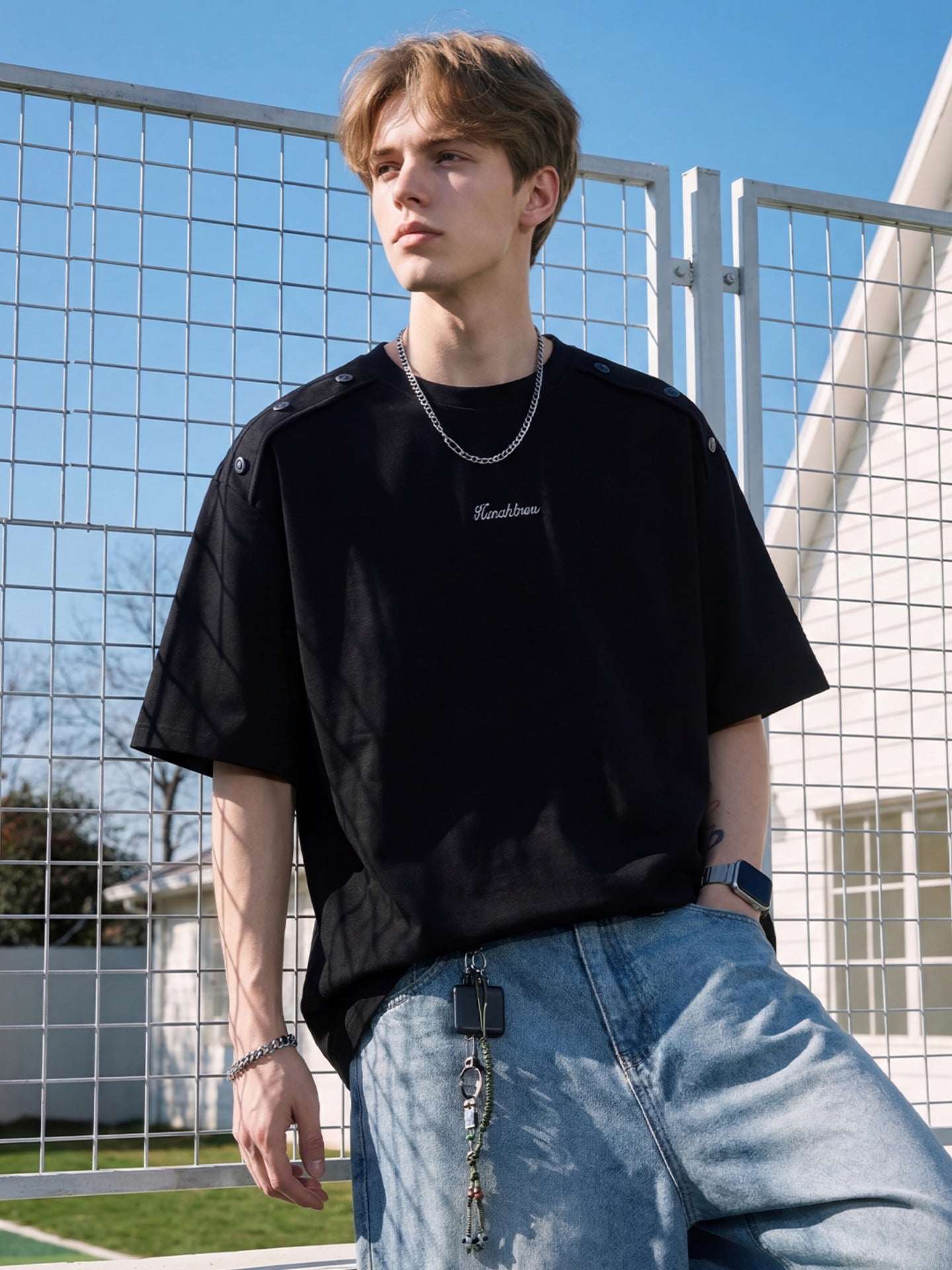 Mens Casual Short Sleeve T-Shirt with Shoulder Buttons