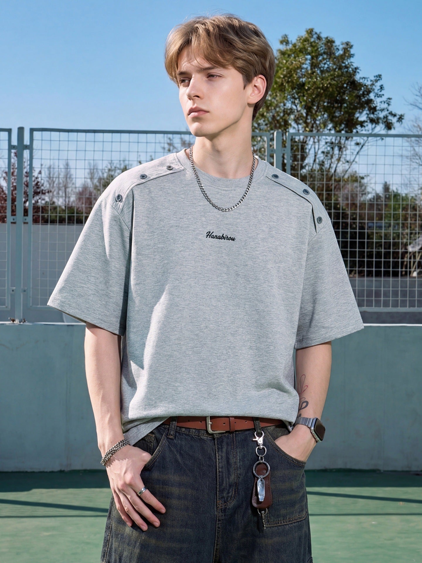 Mens Casual Short Sleeve T-Shirt with Shoulder Buttons