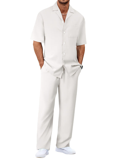 Mens Casual Two Piece Suit Loose Fit Short Sleeve Shirt and Trouser Set