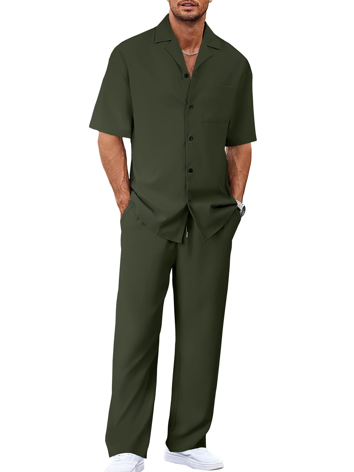 Mens Casual Two Piece Suit Loose Fit Short Sleeve Shirt and Trouser Set