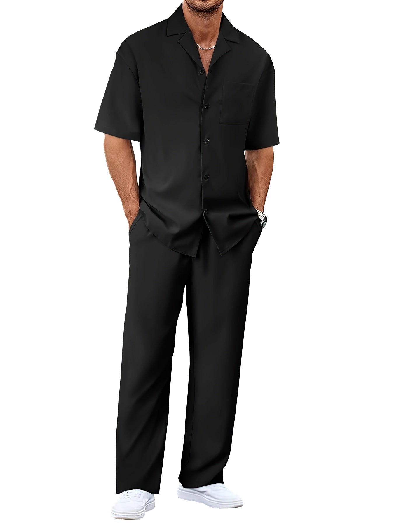 Mens Casual Two Piece Suit Loose Fit Short Sleeve Shirt and Trouser Set