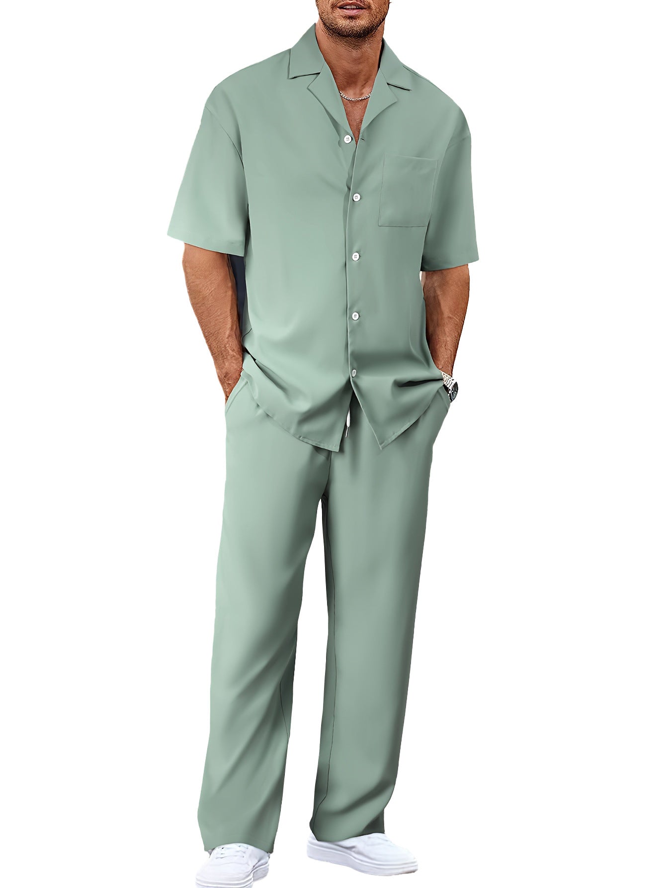 Mens Casual Two Piece Suit Loose Fit Short Sleeve Shirt and Trouser Set