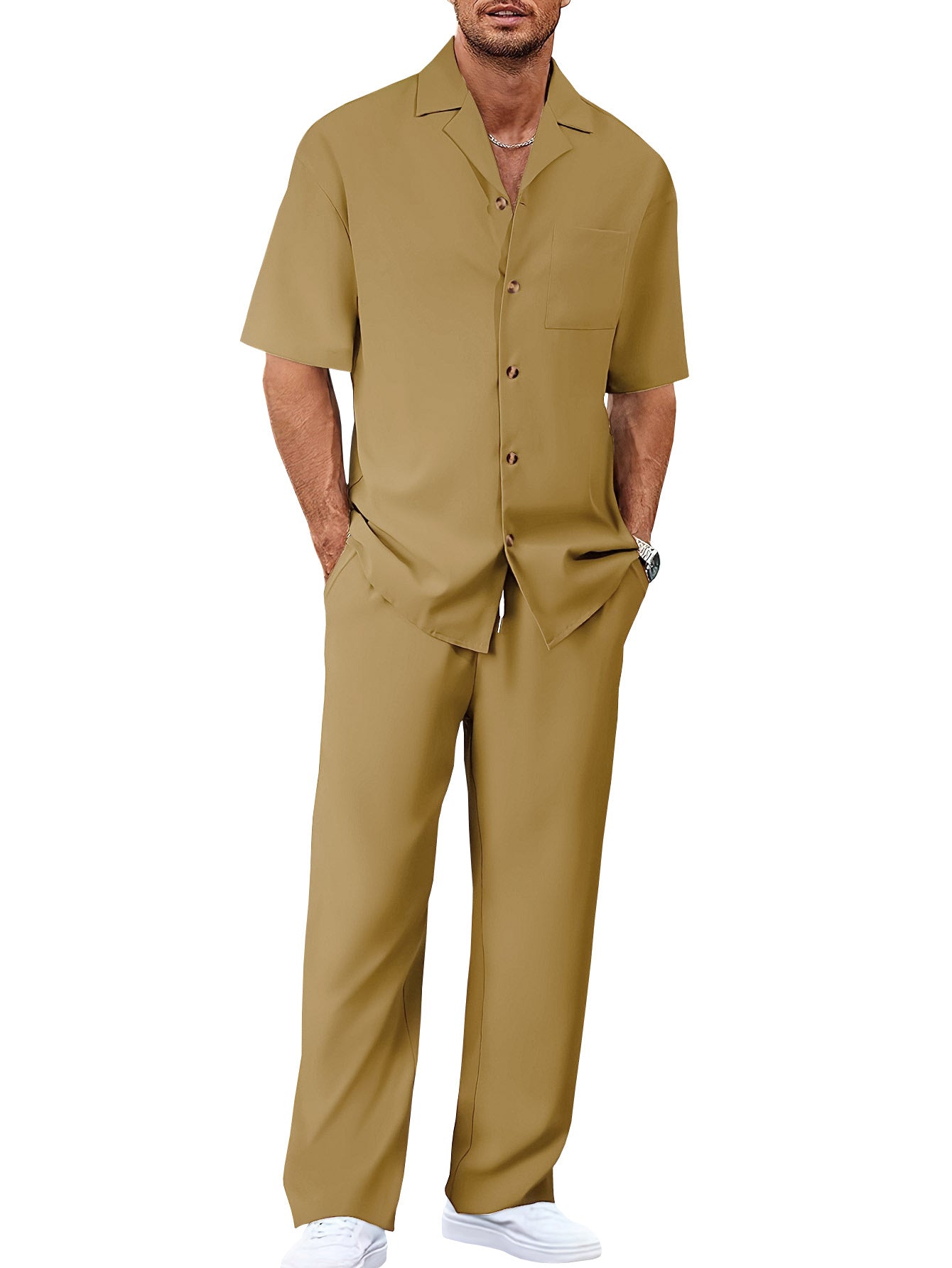 Mens Casual Two Piece Suit Loose Fit Short Sleeve Shirt and Trouser Set