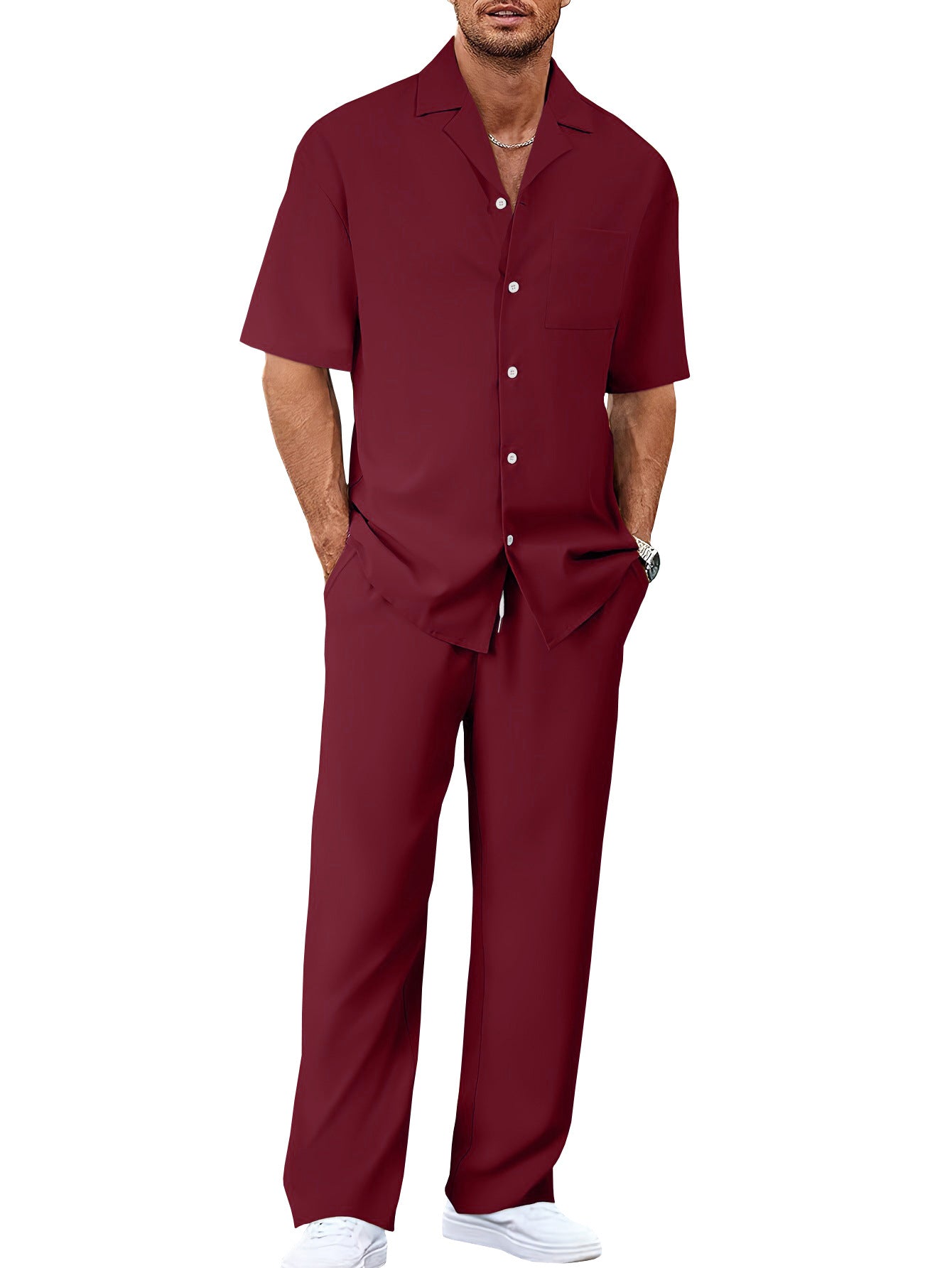 Mens Casual Two Piece Suit Loose Fit Short Sleeve Shirt and Trouser Set