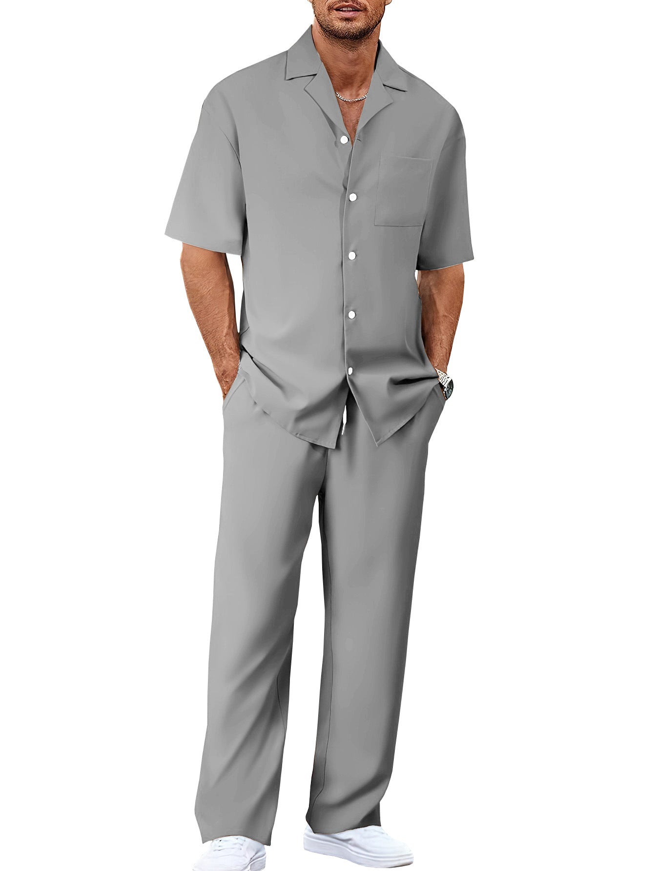 Mens Casual Two Piece Suit Loose Fit Short Sleeve Shirt and Trouser Set